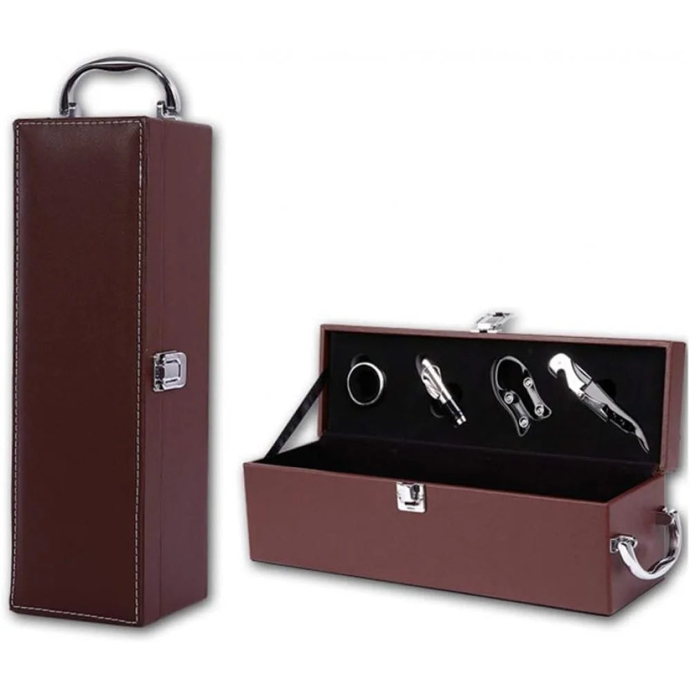 Cutie cadou pentru sticla de vin imbracata in piele ecologica,maro cu 4 accesorii