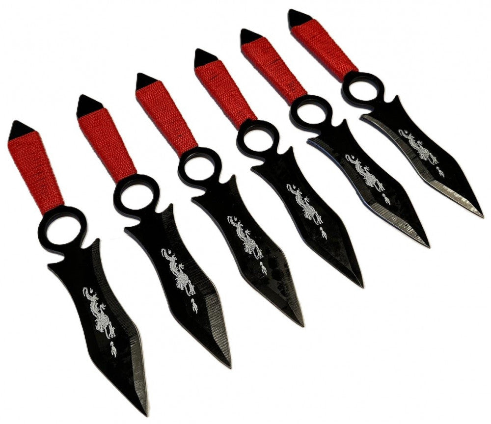 Set 6 Cutite de Colectie pentru Aruncat la tinta cu Manere Rosii si Husa de Prindere la Picior