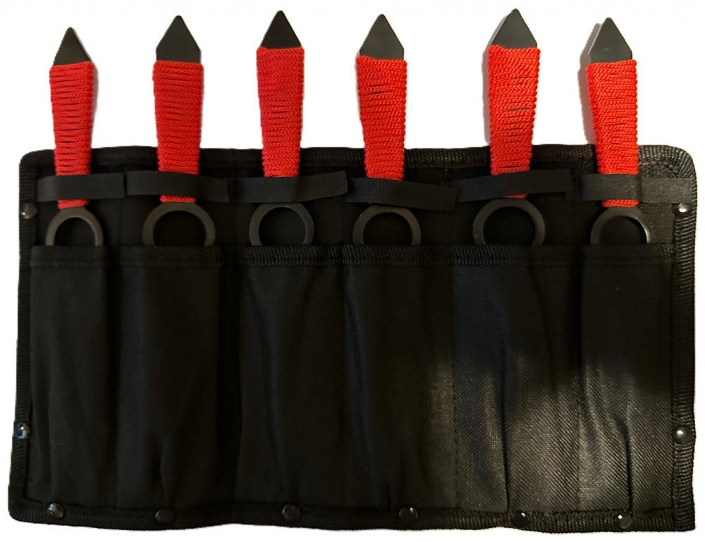 Set 6 Cutite de Colectie pentru Aruncat la tinta cu Manere Rosii si Husa de Prindere la Picior