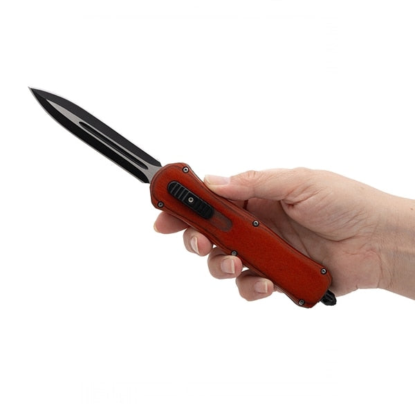 Briceag de Colectie automat Benchy maner: metal + placare lemn 22 cm cu husa si spargator geamuri