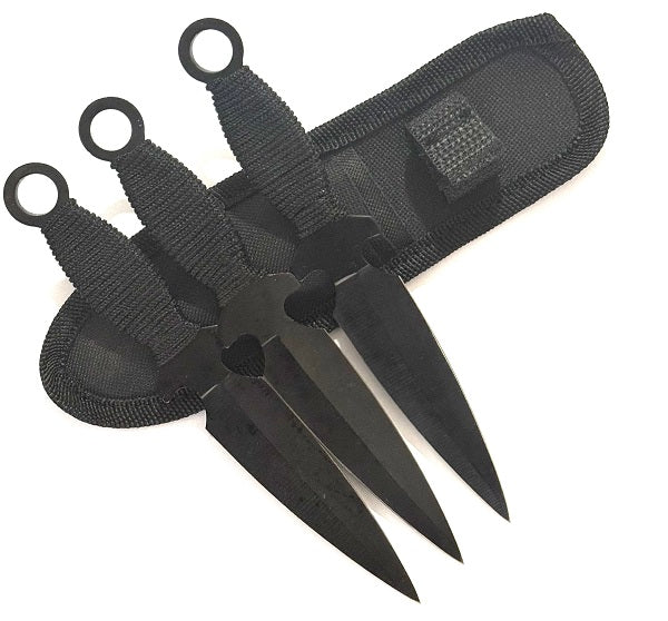 Set trei cutite de aruncat, Black otel inoxidabil, 18 cm, teaca piele inclus