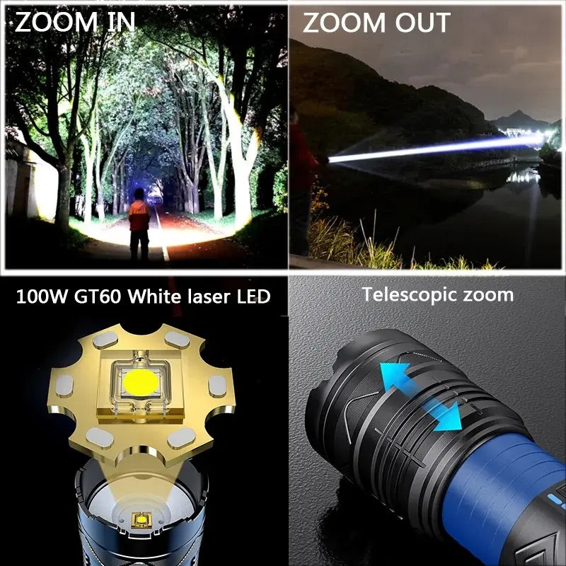 Lanterna Profesionala cu 4 acumulatori , LED 100W GT60 Incarcare USB rază lungă de acțiune 1500 de metri
