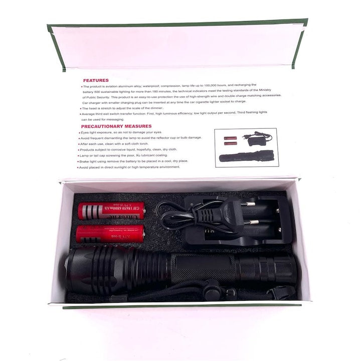 Lanterna profesionala LED XH - P50, aluminiu,cu Zoom 8000 lm, raza 1000 m, Zoom reglabil, 5 moduri iluminare