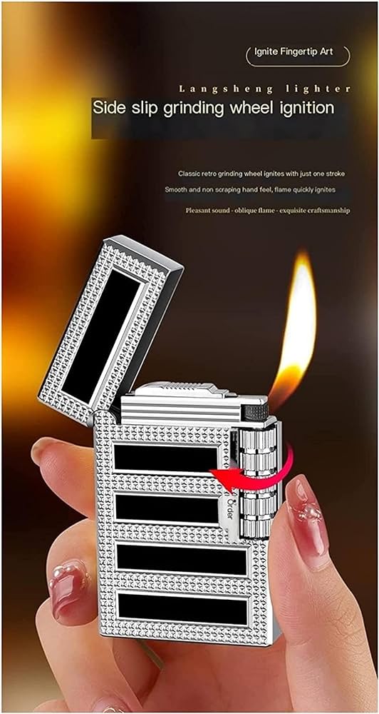 Bricheta metalica Black & Silver reincarcabila cu gaz cu aprindere pe piatra lateral