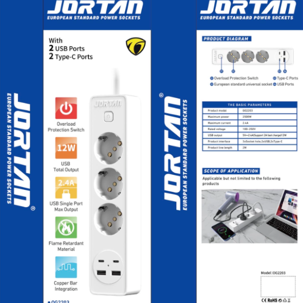 Prelungitor 3 in 1 Jortan ,2m lungime, 3 prize, 2 port-uri USB, 2 port-uri USB-C