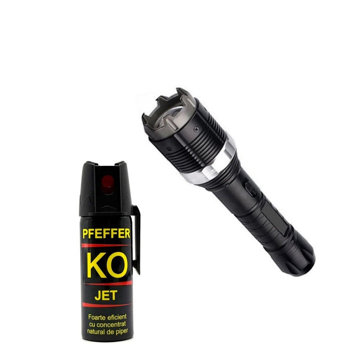 Kit Autoaparare format din Electrosoc 8810 si Spray cu Piper KO-Jet 50ml cu raza de actiune 4-5 m