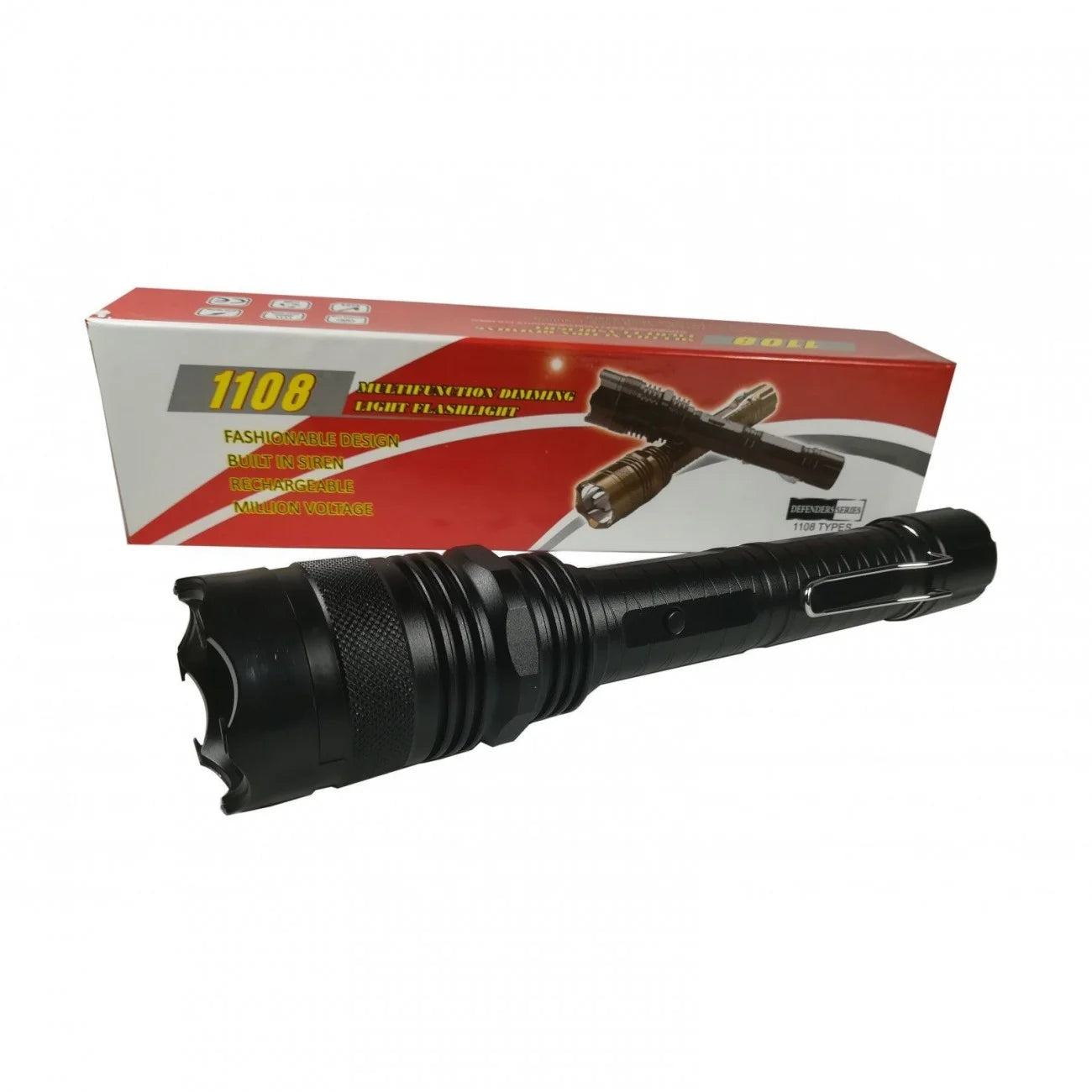 Lanterna cu electrosoc pentru autoaparare cu 3 faze de iluminat 25 cm si clema prindere curea HY- 1108