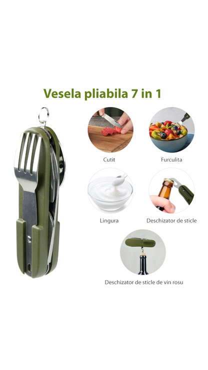 Briceag multifunctional,7 in 1 Portabil cu husa Verde pentru Caming si Drumetii