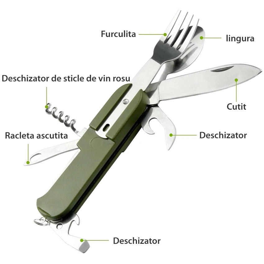 Briceag multifunctional,7 in 1 Portabil cu husa Verde pentru Caming si Drumetii