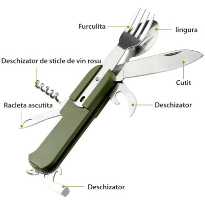 Briceag multifunctional,7 in 1 Portabil cu husa Verde pentru Caming si Drumetii