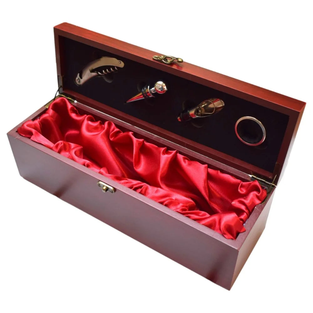 Cutie cadou pentru o sticla de vin din lemn cu 4 accesorii incluse