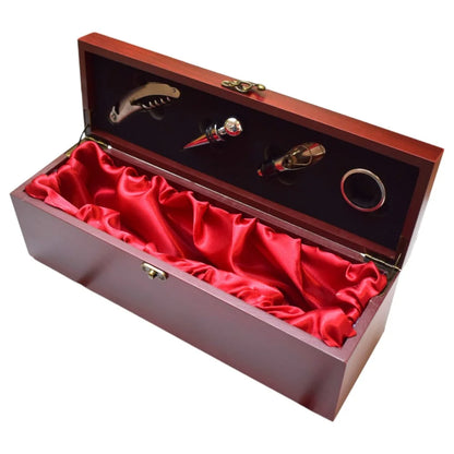 Cutie cadou pentru o sticla de vin din lemn cu 4 accesorii incluse