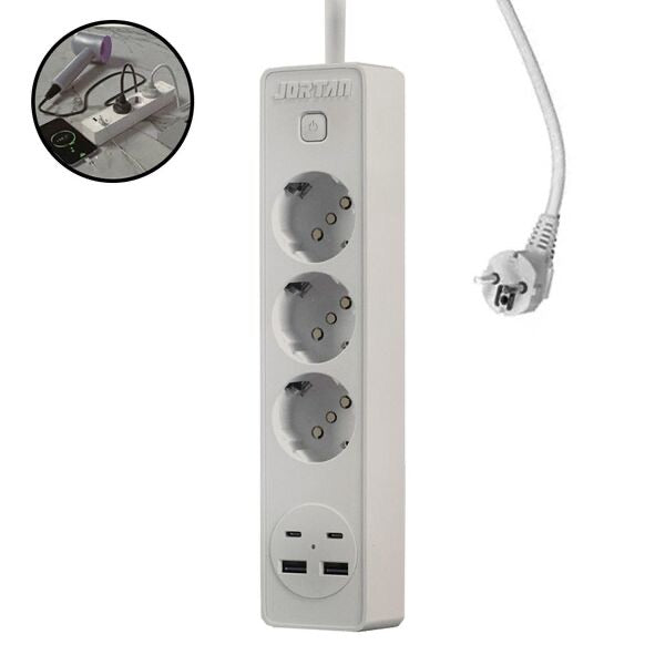 Prelungitor 3 in 1 Jortan ,2m lungime, 3 prize, 2 port-uri USB, 2 port-uri USB-C