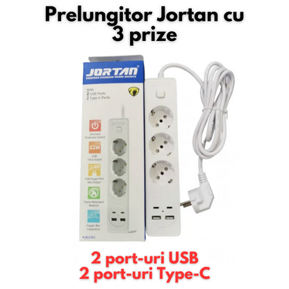 Prelungitor 3 in 1 Jortan ,2m lungime, 3 prize, 2 port-uri USB, 2 port-uri USB-C