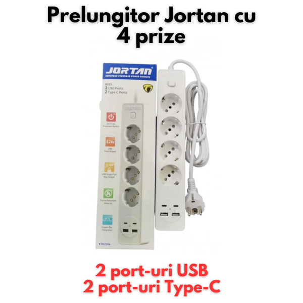 Prelungitor 3 in 1 Jortan ,2m lungime, 4 prize, 2 port-uri USB, 2 port-uri USB-C