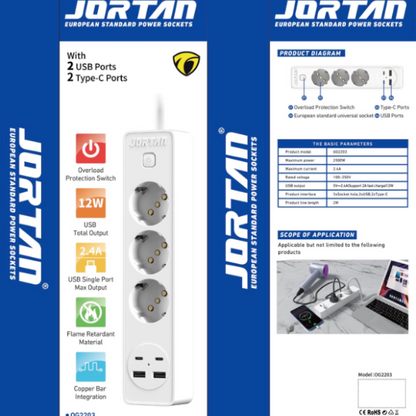 Prelungitor 3 in 1 Jortan ,2m lungime, 3 prize, 2 port-uri USB, 2 port-uri USB-C