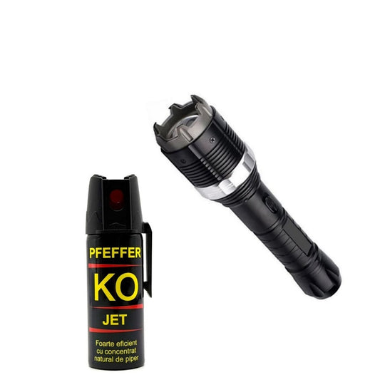 Kit Autoaparare format din Electrosoc 8810 si Spray cu Piper KO-Jet 50ml cu raza de actiune 4-5 m